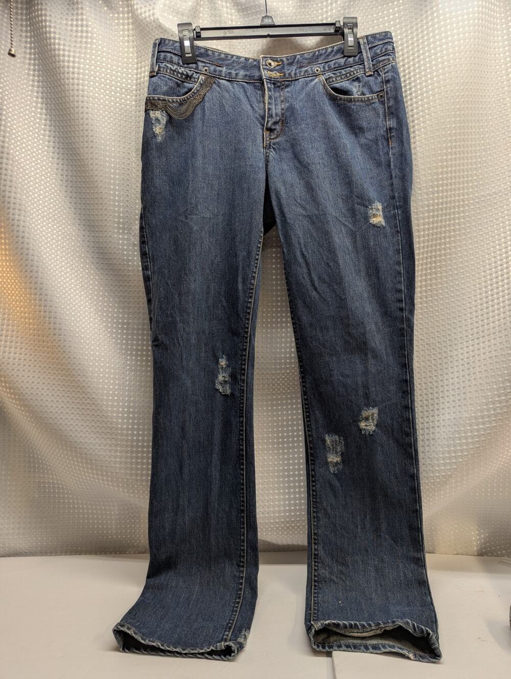 Boot Cut Armani Ex.womens jeans8,Chain Embelished Pockets,Purposeful Distressed